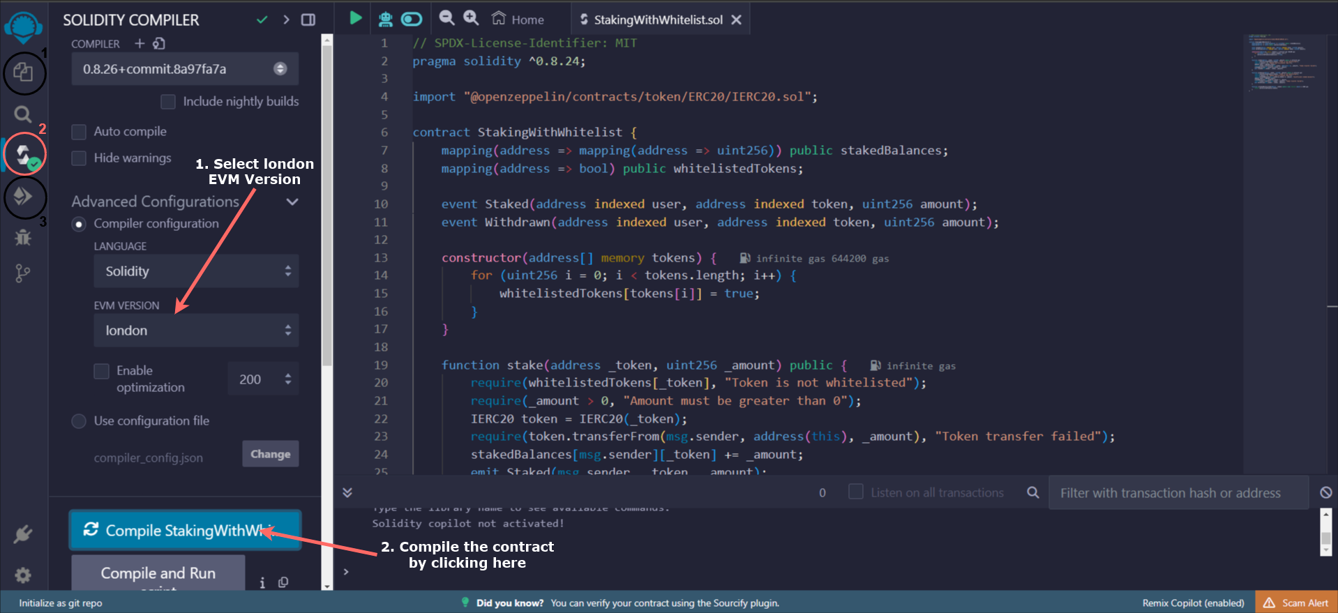 Compile instructions on Remix interface